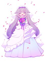 Rule 34 | 1girl, alternate costume, aya chan1221, bare shoulders, blush, bouquet, bridal gauntlets, bridal veil, choker, closed eyes, commentary, dress, drill hair, drill sidelocks, english commentary, face jewel, flower, full body, gem, gradient hair, hair flaps, happy, highres, holding, holding bouquet, hololive, hololive english, koseki bijou, long hair, multicolored hair, open mouth, petals, purple hair, ribbon, ribbon choker, rose petals, sidelocks, simple background, smile, solo, standing, straight-on, tiara, veil, virtual youtuber, wedding dress, white background, white ribbon
