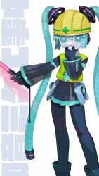 Rule 34 | 1girl, absurdres, android, aqua eyes, aqua hair, aqua necktie, black footwear, blush stickers, boots, bright pupils, cable hair, cheri zao, commentary, detached sleeves, feet out of frame, hair between eyes, hair ornament, hand up, hard hat, hatsune miku, headphones, helmet, high-visibility vest, highres, holding, holding whistle, joints, light trail, long hair, necktie, open mouth, outstretched arm, pleated skirt, robot girl, robot joints, see-through, see-through skirt, see-through sleeves, skirt, solo, standing, tie clip, traffic baton, translation request, very long hair, vocaloid, whistle, white background, white pupils, yellow headwear