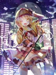 Rule 34 | 1girl, ;d, arm up, backlighting, bad id, bad pixiv id, bang dream!, blonde hair, blush, bow, brown eyes, brown gloves, brown jacket, brown skirt, building, cane, capelet, collared shirt, commentary request, cowboy shot, deerstalker, dress shirt, frilled capelet, frilled gloves, frilled skirt, frills, full moon, gloves, hat, head tilt, highres, holding, holding cane, jacket, long hair, long sleeves, moon, night, night sky, one eye closed, open mouth, outdoors, plaid, plaid skirt, red bow, round teeth, seno (senohime), shirt, skirt, sky, skyscraper, sleeves past wrists, smile, solo, sparkle, standing, star (sky), starry sky, teeth, tsurumaki kokoro, upper teeth only, very long hair, white shirt, yellow capelet, yellow hat