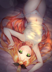 Rule 34 | 1girl, :o, blush, bow, bow panties, breasts, caron (straycat910), collarbone, covered erect nipples, from above, green eyes, hair bow, highres, long hair, looking at viewer, navel, on bed, orange hair, original, panties, parted lips, see-through, side-tie panties, small breasts, solo, underwear, underwear only, upside-down, very long hair, wide hips