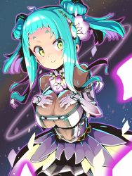 Rule 34 | 1girl, absurdres, breasts, cleavage, elbow gloves, gloves, green hair, hair ornament, hands on own chest, highres, large breasts, original, short hair, short twintails, smaragdus viridi, smile, solo, twintails, yellow eyes