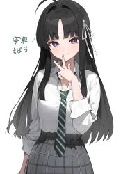 Rule 34 | 1girl, absurdres, ahoge, awa subaru, black hair, black necktie, black skirt, blue eyes, blush, closed mouth, collared shirt, commentary request, diagonal-striped clothes, diagonal-striped necktie, girls band cry, hair ribbon, hand up, highres, long hair, looking at viewer, necktie, pleated skirt, ribbon, school uniform, shirt, shirt tucked in, simple background, skirt, sleeves rolled up, smile, solo, split mouth, straight hair, striped clothes, tay (cdjk7758), translation request, upper body, w, w over mouth, white background, white ribbon, white shirt