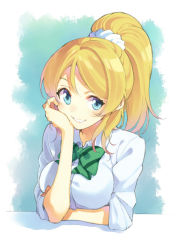 Rule 34 | 10s, 1girl, ayase eli, blonde hair, blue eyes, bow, bowtie, head rest, long hair, looking at viewer, love live!, love live! school idol project, ponytail, school uniform, sleeves rolled up, smile, solo, t-okada