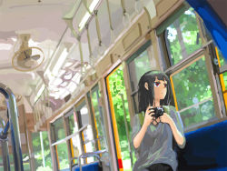 Rule 34 | 10s, 1girl, amatsuka urara, baby princess, black hair, camera, ceiling fan, ichihi (spinon), long hair, red eyes, sitting, solo, train, train interior