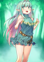 Rule 34 | 1girl, blurry, blurry background, dress, elf, female focus, flower wreath, green eyes, green hair, highres, long hair, mitake eil, multicolored hair, nature, open mouth, original, outdoors, pink hair, pointy ears, sleeveless, solo