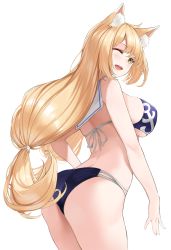 Rule 34 | 1girl, ;d, absurdres, anchor print, animal ear fluff, animal ears, arched back, ass, bad id, bad pixiv id, bikini, blonde hair, blue bikini, breasts, cowboy shot, fox ears, from behind, halterneck, highres, large breasts, long hair, looking at viewer, looking back, low-tied long hair, multi-strapped bikini, one eye closed, open mouth, original, sailor collar, simple background, smile, solo, standing, star741, swimsuit, thighs, very long hair, white background, yellow eyes