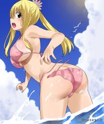 Rule 34 | 1girl, absurdres, artist name, ass, bikini, bird, blonde hair, blush, breasts, brown eyes, butt crack, fairy tail, gaston18, highres, huge ass, large breasts, long hair, looking at viewer, lucy heartfilia, open mouth, pink bikini, seagull, side-tie bikini bottom, sideboob, sky, solo, swimsuit, tattoo, thighs, underboob, wardrobe malfunction, water, wide hips