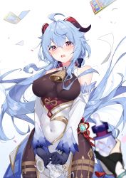 Rule 34 | 2girls, absurdres, ahoge, bell, black gloves, blue hair, blurry, blush, bodystocking, bodysuit, breasts, brown bodysuit, commentary request, cowbell, depth of field, detached sleeves, ganyu (genshin impact), genshin impact, gloves, goat horns, hair between eyes, highres, horns, large breasts, long hair, looking at viewer, lumine (genshin impact), multiple girls, open mouth, pelvic curtain, pov, red eyes, simple background, solo focus, teeth, thighs, upper teeth only, white background, yukizawa xueze