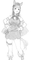 Rule 34 | 1girl, anchor, animal ears, arm strap, belt pouch, blunt bangs, blurry, blush, breasts, cabbie hat, dress, gloves, gold ship (umamusume), greyscale, hand on own hip, hands on own hips, harness, hat, headwear request, highres, horse ears, horse girl, horse tail, kona ming, long hair, medium breasts, monochrome, neck ribbon, pantyhose, pouch, ribbon, sleeveless, sleeveless dress, solo, tail, thigh strap, umamusume