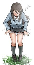 Rule 34 | 10s, 1girl, brown hair, clothes pull, commentary request, girls und panzer, grass, long hair, mika (girls und panzer), musical note, nexas, panties, panty pull, pulled by self, school uniform, skirt, smile, solo, underwear