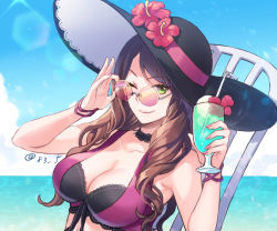 Rule 34 | 1girl, adjusting eyewear, adjusting glasses, blue sky, breasts, brown hair, cleavage, closed mouth, cup, day, dorothea arnault, drinking straw, fire emblem, fire emblem: three houses, fire emblem heroes, flower, glass, green eyes, hat, hat flower, holding, holding cup, large breasts, long hair, looking over eyewear, looking over glasses, nail polish, nintendo, one eye closed, pink-tinted eyewear, pink-tinted glasses, sky, smile, solo, sunglasses, swimsuit, tinted eyewear, twitter username, upper body, yamigo