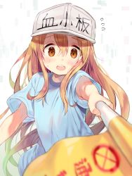 Rule 34 | 10s, 1girl, blue shirt, blurry, blurry foreground, blush, brown eyes, character name, clothes writing, commentary request, depth of field, fingernails, flag, flat cap, flying sweatdrops, grey hat, hair between eyes, hat, hataraku saibou, headwear writing, holding, holding flag, kibii mocha, light brown hair, long hair, looking at viewer, open mouth, outstretched arm, platelet (hataraku saibou), shirt, short sleeves, solo, teeth, upper teeth only, very long hair