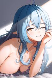 Rule 34 | 1girl, ;t, ahoge, blue hair, breasts, breasts apart, highres, hololive, large breasts, looking at viewer, lying, on stomach, pointy ears, pyytato, sleepy, solo, virtual youtuber, yukihana lamy