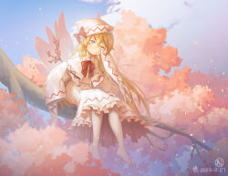 Rule 34 | 1girl, artist logo, barefoot, blonde hair, blue eyes, blush, capelet, cherry blossoms, dated, day, dress, fairy, fairy wings, furahata gen, hair between eyes, hat, highres, lily white, long hair, long sleeves, one eye closed, outdoors, parted lips, sitting, solo, touhou, white capelet, white dress, white hat, wide sleeves, wings
