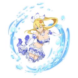 Rule 34 | 1girl, bandeau, blonde hair, breasts, bubble, cleavage, elbow gloves, full body, gloves, hair ornament, highres, jewelry, large breasts, leafa, long hair, navel, necklace, official art, one eye closed, pointy ears, seashell, shell, skirt, smile, solo, star (symbol), star hair ornament, sword art online, thighhighs, transparent background, water, white gloves