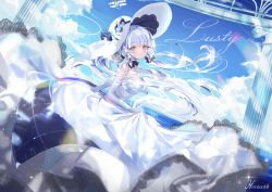 Rule 34 | 1girl, absurdres, aircraft, airplane, azur lane, biplane, blue sky, breasts, circle skirt, dress, elbow gloves, fairey swordfish, floating clothes, gloves, hair ribbon, haruri, hat, highres, illustrious (azur lane), lace trim, large breasts, low twintails, mole, mole under eye, ribbon, sidelocks, sky, solo, strapless, strapless dress, sun hat, tress ribbon, tri tails, twintails, white dress, white gloves, white hair, white hat