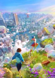 Rule 34 | 1boy, bubble (movie), building, city, hibiki (bubble), ocean, scenery, short hair, skyscraper, tokyo tower, uta (bubble)