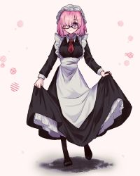 Rule 34 | 1girl, adapted costume, alternate costume, apron, black-framed eyewear, black dress, black footwear, blush, breasts, closed mouth, clothes lift, collared dress, commentary request, dress, fate/grand order, fate (series), frilled dress, frills, glasses, hair over one eye, harukappa, hat, highres, long dress, long skirt, long sleeves, looking at viewer, maid, mash kyrielight, medium breasts, necktie, pink hair, purple eyes, red necktie, short hair, skirt, skirt hold, skirt lift, smile, solo, waist apron, white apron, white hat