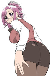 Rule 34 | 00s, 1girl, ass, bent over, blush, breasts, from behind, glasses, hair up, kazami mizuho, large breasts, long hair, looking back, miniskirt, mouth hold, onegai teacher, pantyhose, pencil skirt, pince-nez, pink hair, pocky, purple eyes, skirt, solo, teacher, ueyama michirou