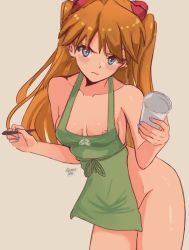 Rule 34 | 1girl, apron, areola slip, artist name, blue eyes, breasts, brown hair, closed mouth, embarrassed, female focus, frown, hair ornament, highres, iced latte with breast milk (meme), interface headset, long hair, looking at viewer, meme, naked apron, neon genesis evangelion, nipple slip, nipples, partially undressed, ryness, simple background, small breasts, solo, souryuu asuka langley, starbucks, thighs, tsundere, twintails, wide hips