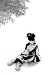 Rule 34 | artist request, back, barefoot, black hair, earrings, facing away, feet, greyscale, inuyasha, japanese clothes, jewelry, kagura (inuyasha), kimono, leaf, monochrome, pointy ears, sitting, soles, solo, spread toes, toes, topknot, tree