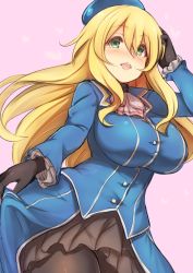 Rule 34 | 1girl, atago (kancolle), beret, black gloves, blonde hair, blue hat, blush, breasts, gloves, green eyes, hair between eyes, hat, highres, kantai collection, large breasts, long hair, md5 mismatch, military, military uniform, mogera81, open mouth, pantyhose, resolution mismatch, skirt, smile, solo, source smaller, uniform