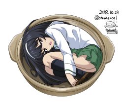 Rule 34 | 10s, 1girl, black hair, black neckerchief, black socks, blouse, bowl, brown eyes, brown footwear, commentary, dated, fang, fetal position, from above, girls und panzer, green skirt, hairband, highres, legs, loafers, long hair, long sleeves, looking at viewer, lying, miniskirt, nabe, neckerchief, on side, one-hour drawing challenge, ooarai school uniform, open mouth, pleated skirt, reizei mako, school uniform, serafuku, shiina excel, shirt, shoes, simple background, skirt, socks, solo, twitter username, watermark, white background, white hairband, white shirt