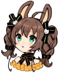 Rule 34 | 1girl, ahoge, animal ears, aqua eyes, bare shoulders, black bow, black bowtie, black ribbon, blush, bow, bowtie, braid, brown hair, chestnut mouth, choker, commentary request, frilled choker, frills, hair between eyes, hair ornament, hololive, long hair, looking away, natsuiro matsuri, nekohara choco, parted lips, portrait, rabbit ears, ribbon, sidelocks, simple background, solo, striped bow, striped bowtie, striped clothes, striped neckwear, striped ribbon, twin braids, twintails, virtual youtuber, white background