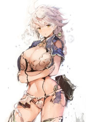 Rule 34 | 10s, 1girl, asymmetrical hair, blush, braid, breast hold, breasts, cleavage, cloud print, colored eyelashes, crossed arms, female focus, highres, kantai collection, large breasts, long hair, looking at viewer, midriff, navel, open mouth, revision, silver hair, simple background, single braid, sketch, solo, sumisu (mondo), torn clothes, unryuu (kancolle), very long hair, wavy hair, white background