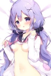 Rule 34 | 1girl, :o, anchor symbol, azur lane, bed sheet, black sailor collar, black scrunchie, blush, breasts, cardigan, censored, clothes lift, commentary request, fingernails, hair ornament, hair scrunchie, light censor, long hair, long sleeves, looking at viewer, low twintails, lying, navel, on back, open cardigan, open clothes, parted lips, purple eyes, purple hair, sailor collar, scrunchie, shiratama (shiratamaco), shirt, shirt lift, sleeves past wrists, small breasts, solo, twintails, unicorn (long-awaited date) (azur lane), unicorn (azur lane), upper body, very long hair, white cardigan, white shirt, x hair ornament