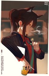 Rule 34 | 1girl, adjusting clothes, adjusting necktie, alcohol, animal ears, arknights, atianshi, black hair, black jacket, cigarette, collared shirt, cup, dated, ear piercing, extra ears, green necktie, hair between eyes, highres, holding, holding cigarette, holding cup, jacket, long sleeves, necktie, official alternate costume, parted lips, piercing, ponytail, red shirt, shirt, sidelocks, smoke, solo, texas (arknights), texas (willpower) (arknights), upper body, wolf ears, yellow eyes