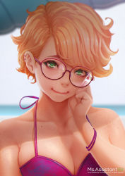 Rule 34 | 1girl, bangle, beach, bikini, blonde hair, blue sky, blurry, blurry background, bracelet, breasts, cleavage, day, ear piercing, freckles, glasses, green eyes, heart, heart-shaped pupils, jewelry, looking at viewer, magion02, medium breasts, ms.assistant, parasol, piercing, pink bikini, red-framed eyewear, short hair, sky, smile, solo, summer, swimsuit, symbol-shaped pupils, umbrella, water, watermark