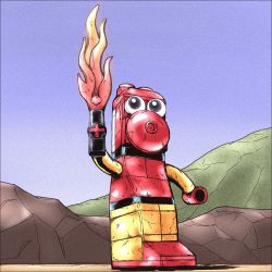 Rule 34 | 1boy, bionicle, chibi, commentary request, fire, flaming sword, flaming weapon, full body, googly eyes, highres, lego, male focus, meme, rock, shiodanx, tahu (bionicle), the lego group, toy