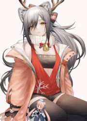 Rule 34 | 1girl, animal ear fluff, animal ears, antlers, arknights, bandeau, bare shoulders, bell, black gloves, black shorts, black thighhighs, breasts, cat ears, ceylon (arknights), character doll, cleavage, fingerless gloves, gloves, grey background, hair over one eye, horns, jacket, long hair, long sleeves, looking at viewer, off shoulder, official alternate costume, open clothes, open jacket, pink jacket, red shirt, schwarz (arknights), schwarz (presents) (arknights), shirt, short shorts, shorts, silver hair, simple background, small breasts, snowflake print, solo, strapless, suiua, thighhighs, tube top, very long hair, yellow eyes