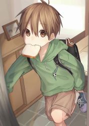 Rule 34 | 1boy, aikagi sheena, ball, bread slice, brown eyes, brown hair, dressing, food, food in mouth, hair between eyes, highres, hood, hoodie, looking at viewer, male focus, mouth hold, original, putting on shoes, shoes, shorts, sneakers, soccer ball, solo, toast, toast in mouth