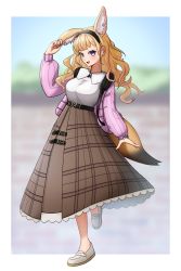 1girl, absurdres, alternate costume, alternate hairstyle, animal ears, belt, black belt, black hairband, blonde hair, blouse, blurry, blurry background, blush, breasts, brown skirt, commentary, eyelashes, fox ears, fox girl, fox tail, frilled skirt, frills, full body, green hair, hairband, heart belt, high-waist skirt, highres, holding ears, hololive, jacket, kim milk, long hair, long sleeves, looking at viewer, makeup, mascara, medium breasts, multicolored hair, omaru polka, open clothes, open jacket, open mouth, pink hair, pink jacket, plaid, plaid skirt, purple eyes, shirt, shirt tucked in, shoes, skirt, smile, solo, standing, standing on one leg, streaked hair, tail, virtual youtuber, wavy hair, white footwear, white shirt