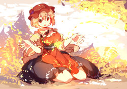 Rule 34 | 1girl, aki minoriko, apron, autumn, autumn leaves, blonde hair, breasts, food, fruit, grapes, hat, large breasts, open mouth, red eyes, shirt, sitting, skirt, smile, solo, touhou, wide sleeves, yetworldview kaze