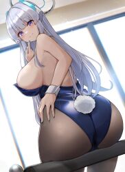 Rule 34 | 1girl, absurdres, ass, black pantyhose, blue archive, blue leotard, blush, breasts, fake tail, grey hair, halo, hand to own mouth, headgear, highres, kihou no gotoku dmc, large breasts, leotard, long hair, looking at viewer, noa (blue archive), pantyhose, playboy bunny, purple eyes, rabbit tail, sideboob, sitting, smile, solo, strapless, strapless leotard, tail, wrist cuffs