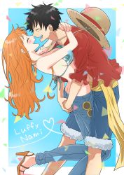 Rule 34 | 1boy, 1girl, absurdres, arms around neck, bikini, bikini top only, blouse, blue background, breasts, couple, denim, happy, hat, high heels, highres, hug, jeans, large breasts, leaning back, leaning forward, leaning on person, long hair, monkey d. luffy, nami (one piece), one piece, oshicpume, pants, red shirt, sash, shirt, shorts, smile, standing, straw hat, swimsuit, tattoo, yellow sash