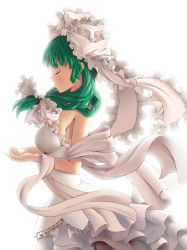 Rule 34 | 1girl, absurdres, adapted costume, alternate color, backlighting, bare shoulders, breasts, closed eyes, dress, frilled ribbon, frills, front ponytail, green hair, hair ribbon, highres, kagiyama hina, large breasts, profile, ribbon, sideboob, simple background, solo, touhou, upper body, white background, white dress, zxmpcf