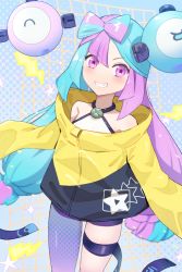 Rule 34 | 1girl, blurry, blush, character hair ornament, commentary request, creatures (company), game freak, green hair, grin, hair ornament, hsin, iono (pokemon), jacket, long hair, looking at viewer, multicolored hair, nintendo, pokemon, pokemon sv, purple eyes, purple hair, purple shorts, shirt, shorts, single leg pantyhose, smile, solo, sparkle, teeth, thigh strap, two-tone hair, white shirt, yellow jacket