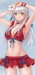 Rule 34 | 1girl, armpits, arms up, bare arms, bare shoulders, bikini, bikini skirt, breasts, cleavage, commentary request, cowboy shot, duplicate, fire emblem, fire emblem: radiant dawn, fire emblem heroes, flower, frilled bikini, frills, grey background, groin, hair between eyes, hair flower, hair ornament, hair ribbon, hazuki (nyorosuke), hibiscus, highres, long hair, looking at viewer, medium breasts, micaiah (fire emblem), micaiah (summer) (fire emblem), navel, nintendo, official alternate costume, partial commentary, pixel-perfect duplicate, red bikini, ribbon, solo, standing, stomach, swimsuit, thighs, very long hair, white flower, white hair, yellow eyes