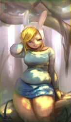 Rule 34 | 1girl, absurdres, adventure time, adventure time: fionna and cake, animal hood, big belly, blonde hair, blue skirt, blue sweater, breasts, commentary, dappled sunlight, english commentary, fionna the human girl, forest, genderswap, genderswap (mtf), highres, hood, leaning on object, long hair, mahmapuu, medium breasts, nature, plump, rabbit hood, skirt, smile, solo, sunlight, sweater, thick thighs, thighs