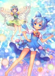 Rule 34 | &gt;:), 2girls, :d, antennae, barefoot, blue bow, blue dress, blue eyes, blue hair, blush, bow, brown eyes, butterfly wings, cirno, closed mouth, coa (chroo x), danmaku, dress, eternity larva, flower, full body, green dress, hair bow, hair ornament, ice, ice wings, insect wings, leaf hair ornament, magic circle, multiple girls, open mouth, outstretched arms, puffy short sleeves, puffy sleeves, short hair, short sleeves, smile, spread arms, sunflower, tanned cirno, touhou, v-shaped eyebrows, wings