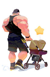 Rule 34 | 1boy, bara, hat, highres, male focus, manly, mature male, muscular, muscular male, original, shorts, simple background, solo, star (symbol), tank top, thick arms, thick thighs, thighs, tight clothes, uleez, walking, wheelbarrow, white background