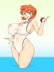 Rule 34 | 1girl, absurdres, aqua eyes, armpits, arms up, breasts, cleft of venus, covered navel, cowboy shot, creatures (company), curvy, gaixas1, game freak, highres, holding, holding poke ball, huge breasts, large breasts, legs, misty (pokemon), muscular, navel, nintendo, nipples, one-piece swimsuit, open mouth, orange hair, poke ball, pokemon, pokemon hgss, puffy nipples, pussy, short hair, simple background, smile, solo, standing, swimsuit, thick thighs, thighs, water, wide hips