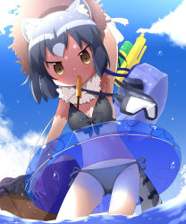 Rule 34 | 10s, 1girl, animal ears, arm up, armpits, bikini, black bikini, black hair, blue sky, brown eyes, cloud, commentary request, common raccoon (kemono friends), day, diving mask, food in mouth, fur collar, goggles, grey hair, hat, highres, innertube, kemono friends, looking at viewer, makuran, mouth hold, multicolored hair, navel, outdoors, raccoon ears, raccoon tail, short hair, side-tie bikini bottom, sky, solo, straw hat, swim ring, swimsuit, tail, wading, water, water gun