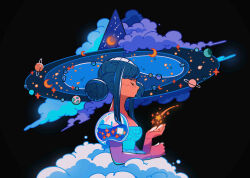 Rule 34 | 1girl, absurdres, black background, black hair, blue dress, cloud, crescent moon, dark-skinned female, dark skin, double bun, dress, freckles, hair bun, hand up, hat, highres, long hair, meyoco, moon, original, planet, planetary ring, profile, puffy short sleeves, puffy sleeves, shooting star, short sleeves, sidelocks, simple background, solo, star (symbol), witch hat