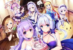 Rule 34 | 6+girls, :d, :o, = =, aged down, alcohol, anchor symbol, anniversary, ark royal (azur lane), asymmetrical bangs, azur lane, bare shoulders, belfast (azur lane), bell, bird, black ribbon, blonde hair, blue eyes, blue flower, blue jacket, blue rose, blush, bottle, bow, breast press, breasts, brown dress, brown hair, brown hat, cake, champagne, champagne bottle, chick, cleavage, closed mouth, cocktail glass, collarbone, commentary request, criss-cross halter, crown, cup, detached sleeves, dress, drinking glass, dutch angle, elbow gloves, emblem, english text, fang, flower, food, food on body, food on breasts, gloves, glowing, gold trim, green eyes, hair bell, hair between eyes, hair bow, hair bun, hair flower, hair ornament, hair over one eye, hair ribbon, hairband, halterneck, hat, holding, holding bottle, holding tray, hood (azur lane), hug, illustrious (azur lane), illustrious (never-ending tea party) (azur lane), indoors, jacket, javelin (azur lane), large breasts, little bel (azur lane), long hair, looking at viewer, maid, maid headdress, martini, messy, mini crown, mole, mole under eye, multiple girls, one side up, open mouth, parted lips, ponytail, puff of air, puffy short sleeves, puffy sleeves, purple dress, purple eyes, purple hair, queen elizabeth (azur lane), revision, ribbon, rose, short sleeves, side bun, silver hair, silveroid, single hair bun, single side bun, small breasts, smile, strapless, strapless dress, striped clothes, striped hairband, thought bubble, translation request, tray, unicorn (azur lane), v-shaped eyebrows, very long hair, wavy mouth, white bow, white dress, white gloves