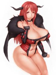 Rule 34 | 10s, 1girl, adapted costume, bottomless, breasts, choker, cleavage, cleavage cutout, clothing cutout, covered erect nipples, curvy, demon horns, fumio (rsqkr), fur, groin, horns, huge breasts, lips, long hair, maou (maoyuu), maoyuu maou yuusha, off shoulder, plump, red eyes, red hair, sitting, solo
